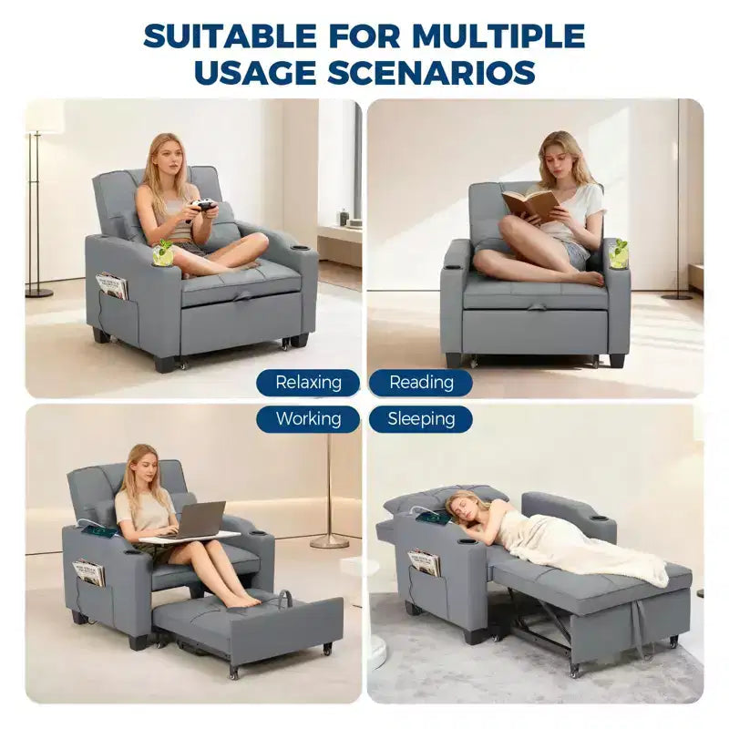 3-in-1 Convertible Sofa Bed with USB Ports & Massage, 110°–180° Recliner, Cup Holders & Side Pockets, 380 lbs Capacity