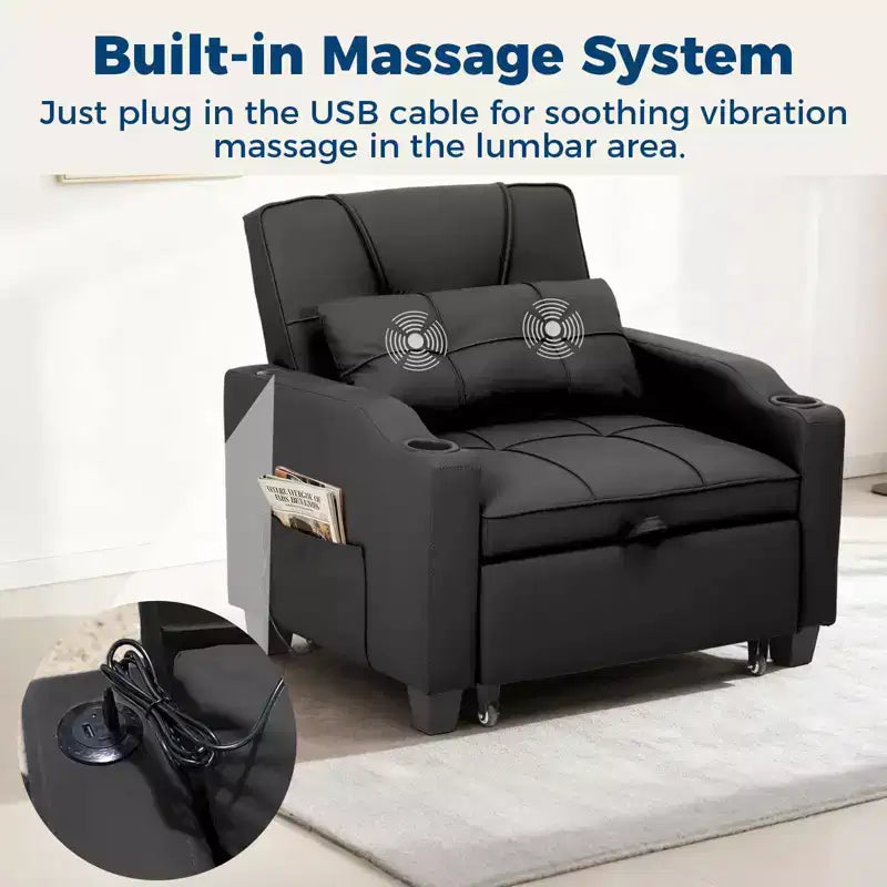 3-in-1 Convertible Sofa Bed with USB Ports & Massage, 110°–180° Recliner, Cup Holders & Side Pockets, 380 lbs Capacity