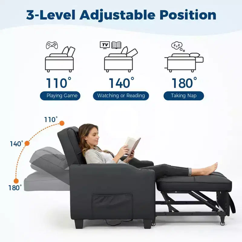 3-in-1 Convertible Sofa Bed with USB Ports & Massage, 110°–180° Recliner, Cup Holders & Side Pockets, 380 lbs Capacity