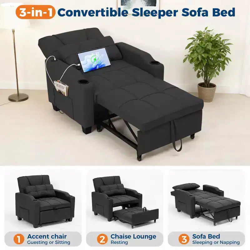 3-in-1 Convertible Sofa Bed with USB Ports & Massage, 110°–180° Recliner, Cup Holders & Side Pockets, 380 lbs Capacity
