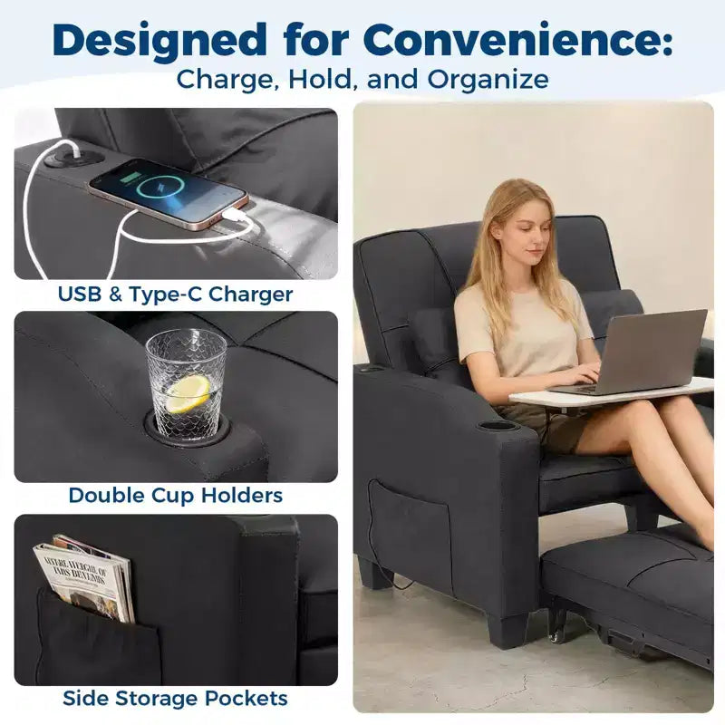 3-in-1 Convertible Sofa Bed with USB Ports & Massage, 110°–180° Recliner, Cup Holders & Side Pockets, 380 lbs Capacity