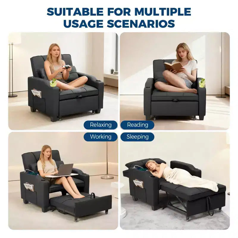 3-in-1 Convertible Sofa Bed with USB Ports & Massage, 110°–180° Recliner, Cup Holders & Side Pockets, 380 lbs Capacity