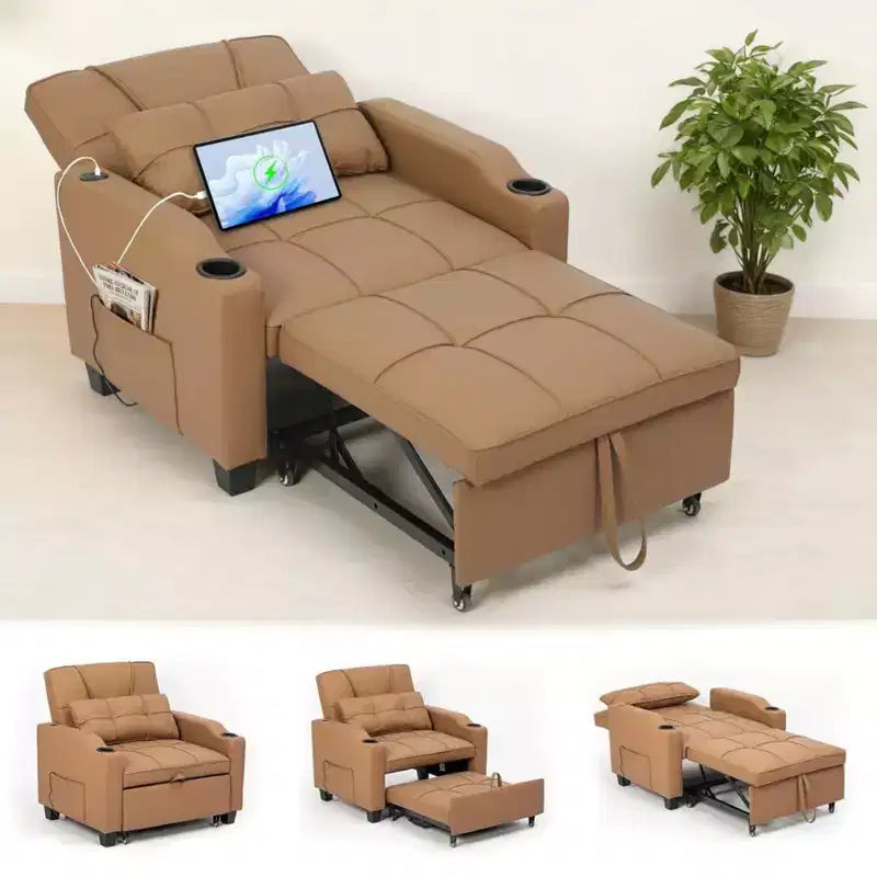 3-in-1 Convertible Sofa Bed with USB Ports & Massage, 110°–180° Recliner, Cup Holders & Side Pockets, 380 lbs Capacity