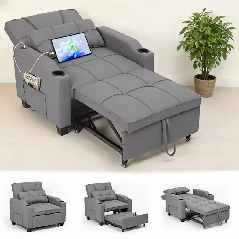 3-in-1 Convertible Sofa Bed with USB Ports & Massage, 110°–180° Recliner, Cup Holders & Side Pockets, 380 lbs Capacity