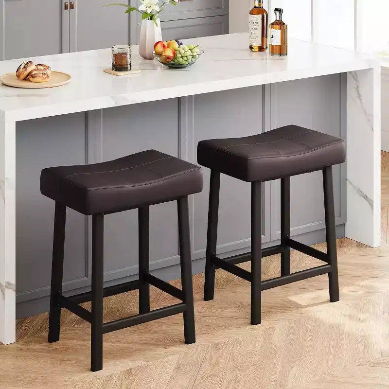 Counter Height Bar Stools Set of 2,PU Leather Barstools with Heavy Duty Metal Legs, Thick Saddle Seats Breakfast Stools
