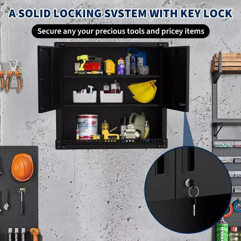 Steel Wall Cabinet with Lock - Heavy Duty Garage Wall Mount Storage Organiser with Shelves, Metal Hanging Cabinet